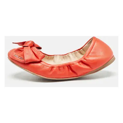 Prada Orange Leather Bow Logo Scrunch Ballet Flats Size