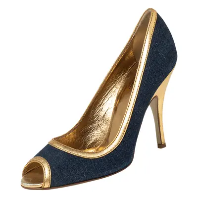 Dolce & Gabbana Blue/Gold Denim and Leather Peep Toe Pumps Size