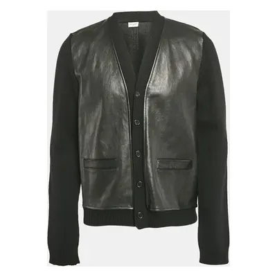 Saint Laurent Paris Black Wool Knit and Leather Jacket