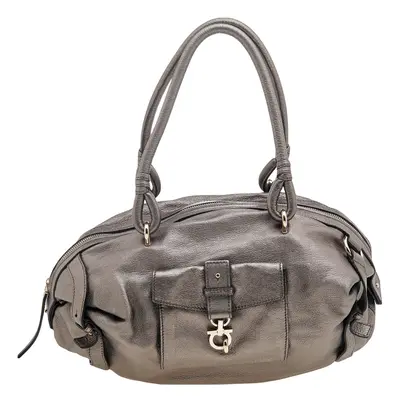 Salvatore Ferragamo Metallic Grey Leather Gancini Front Pocket Satchel