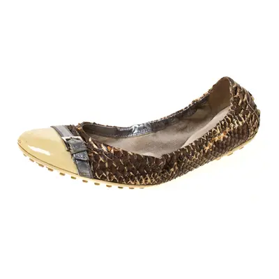 Tod's Brown/Cream Python and Patent Leather Cap Toe Buckle Scrunch Ballet Flats Size