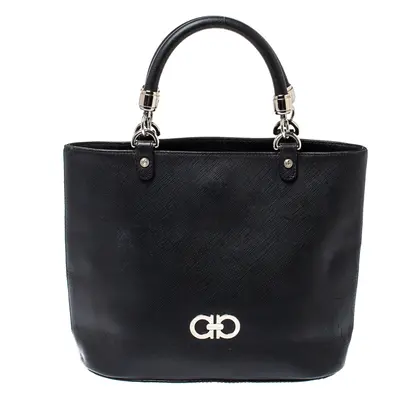 Salvatore Ferragamo Black Leather Double Gancio Tote