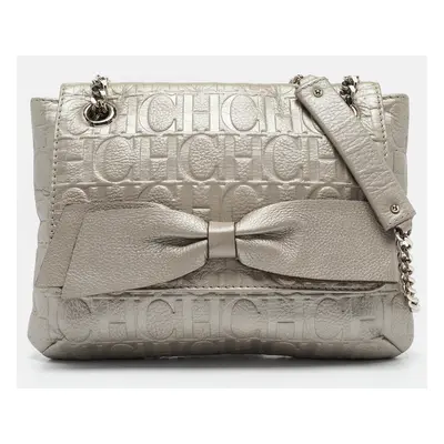 Carolina Herrera Silver Monogram Embossed Leather Audrey Shoulder Bag