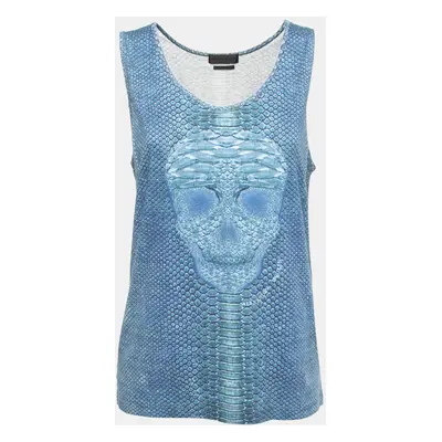 Alexander McQueen Blue Skull Printed Cotton Knit Tank Top