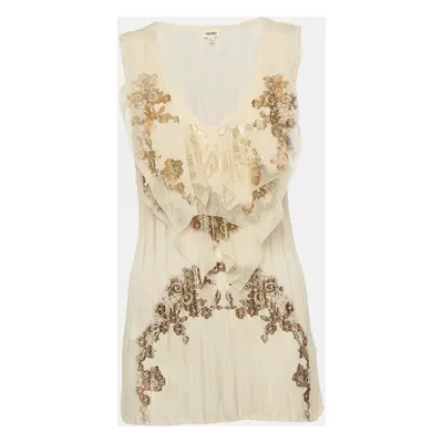 Kenzo Beige Printed Jersey and Mesh Ruffle Trimmed T-Shirt