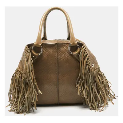 Tod's Beige Snakeskin and Leather Fringe Satchel