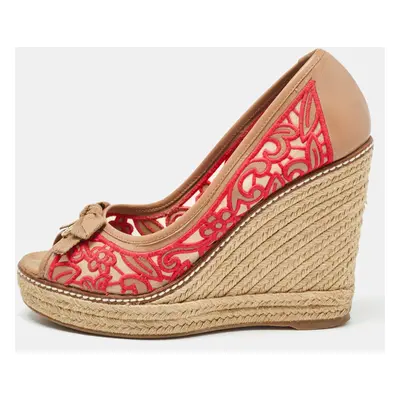 Tory Burch Brown/Pink Leather and Embroidered Fabric Jackie Espadrille Wedge Pumps Size 37.5