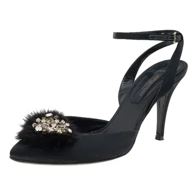 Sergio Rossi Black Fur And Satin Crystal Embellished Pointed Toe Ankle Strap Sandals Size