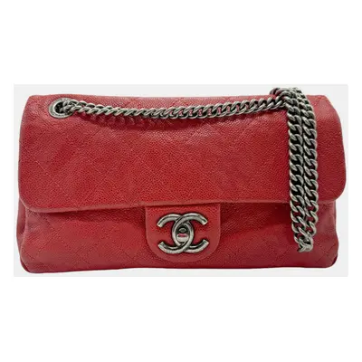 Chanel Dark Red Silver Caviar Skin Leather Matelasse Bag