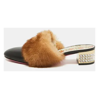 Gucci Black Leather and Mink Fur Candy Embellished Mules Size