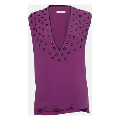 Etro Purple Crepe Beads Embellished V-Neck Sleeveless Blouse