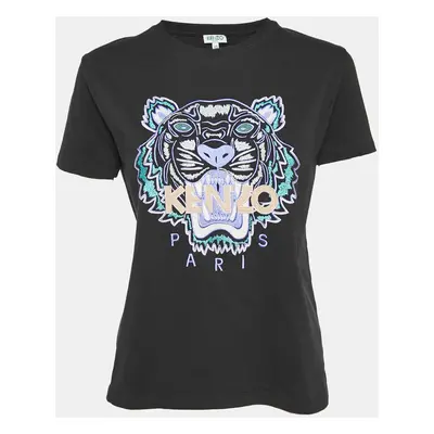 Kenzo Black Tiger Logo Embroidered Cotton Knit T-Shirt