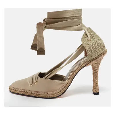 Castaner By Manolo Blahnik Beige Satin and Canvas Espadrille Ankle Tie Pumps Size