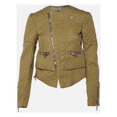 Balenciaga Green Cotton Blend Quilt Detail Biker Jacket