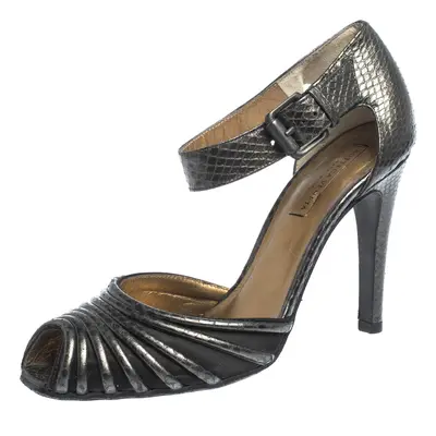 Bottega Veneta Grey Python Embossed Leather And Satin Ankle Strap Peep Toe Ankle Cuff Sandals Si