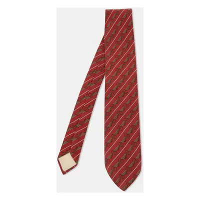 Celine Vintage Red Diagonal Striped Printed Silk Tie