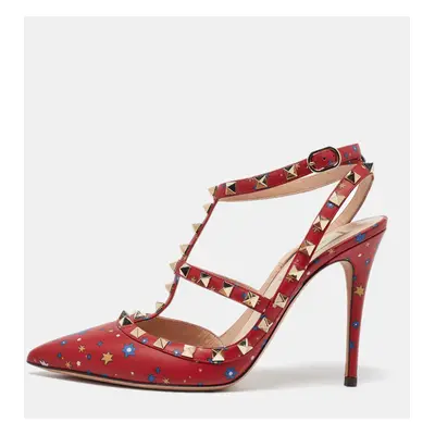 Valentino Red Printed Leather Rockstud Strappy Sandals Size