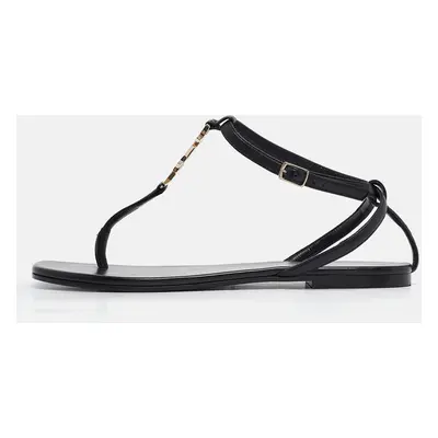 Saint Laurent Black Leather Monogram T Strap Flats Size 36.5