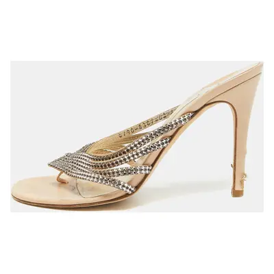 Gina Beige Leather and Crystal Embellished Slide Sandals Size