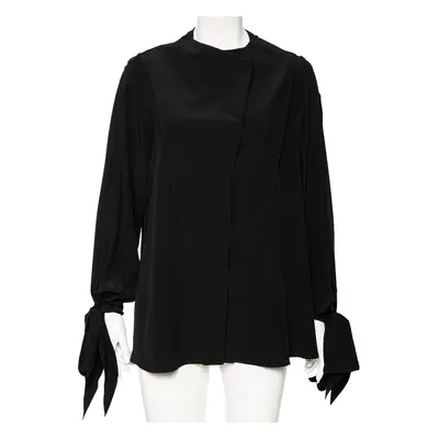 Givenchy Black Silk Sleeve Tie Detail Button Front Collarless Shirt