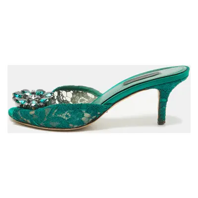 Dolce & Gabbana Green Lace Crystal Embellished Sandals Size