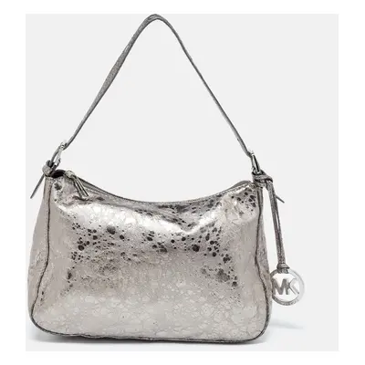 Michael Kors Metallic Grey Textured Patent and Leather Logo Charm Shoulder Bag