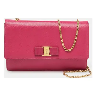 Salvatore Ferragamo Pink Saffiano Leather Vara Bow Chain Shoulder Bag