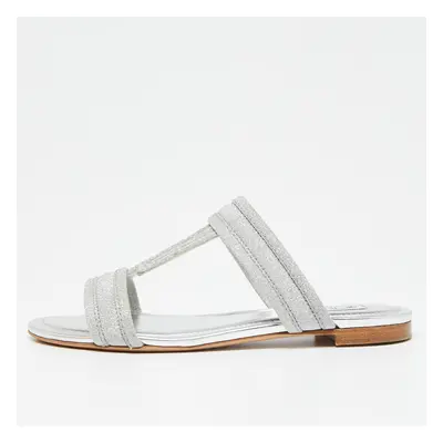 Tod's Silver Glitter Double T Strap Flat Slides Size