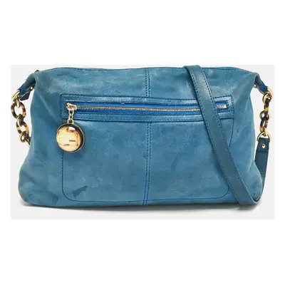 Fendi Blue Shimmer Nubuck Leather Charm Crossbody Bag