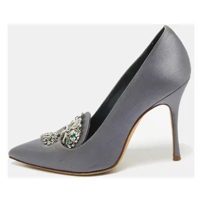 Manolo Blahnik Grey Satin Crystal Embellished Giralda Pumps Size