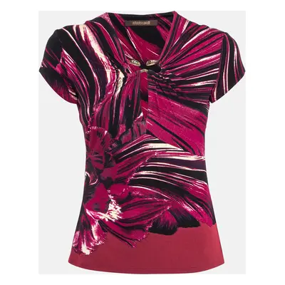 Roberto Cavalli Pink Printed Jersey Brooch Embellished Top