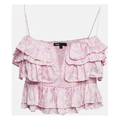 Maje Pink Paisley Print Satin Ruffled Crop Top