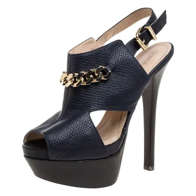 Fendi Navy Blue Leather Chain Details Slingback Platform Sandals Size