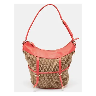 Aigner Coral/Brown Monogram Canvas and Leather Bucket Bag