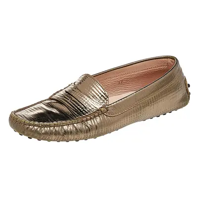 Tod's Metallic Bronze Lizard Embossed Leather Penny Loafers Size