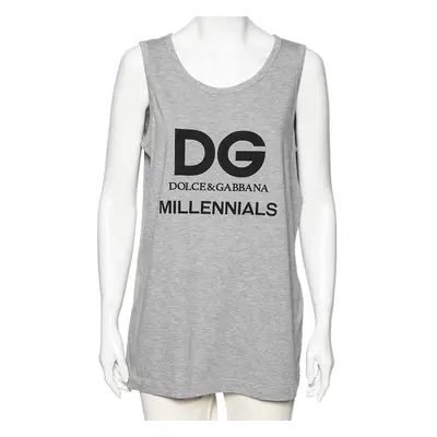 Dolce & Gabbana Grey Cotton Logo Printed Crewneck Tank Top