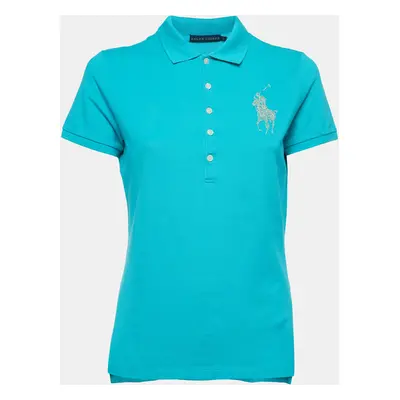 Ralph Lauren Teal Blue Cotton Glitter Logo Polo T-Shirt