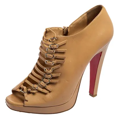 Christian Louboutin Beige Leather Manon Buckle Detail Open Toe Ankle Boots Size