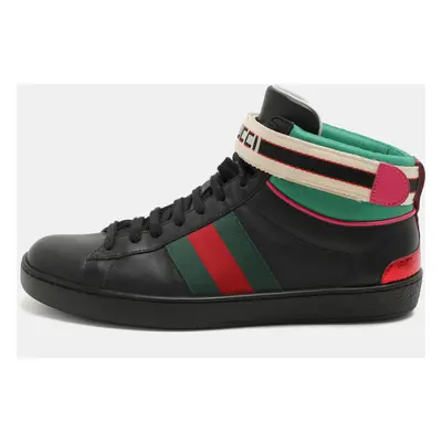 Gucci Black Leather Stripe Ace High Top Sneakers Size