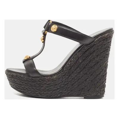 Versace Black Leather Embellished Wedge Sandals Size