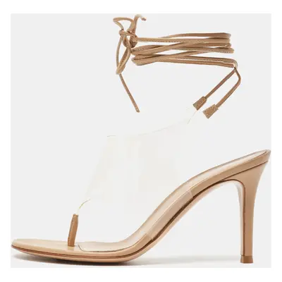 Gianvito Rossi Beige Leather and PVC Plexi Thong Wrap Sandals Size