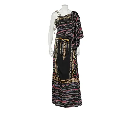 Cavalli Class Black Printed Satin Flared Sleeve Maxi Dress