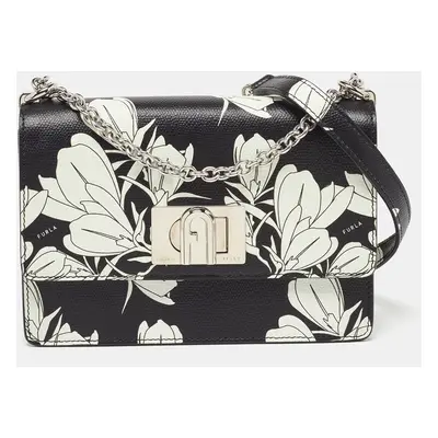 Furla Black/White Leather Floral Print Mini Crossbody Bag