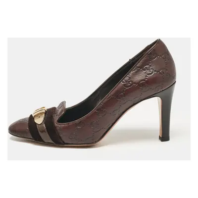 Gucci Dark Brown Guccissima Leather and Velvet Metal Buckle Pumps Size