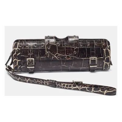 Versace Brown Croc Embossed Leather Wristlet Clutch