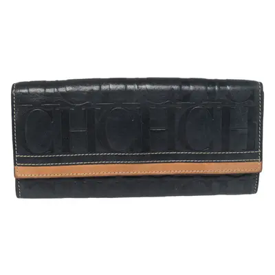 Carolina Herrera Blue/Tan Embossed Leather Flap Wallet