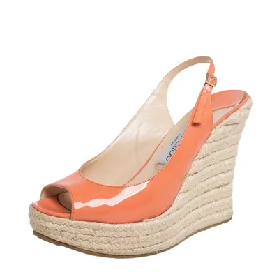 Jimmy Choo Orange Patent Leather Espadrille Wedge Slingback Sandals Size 38.5