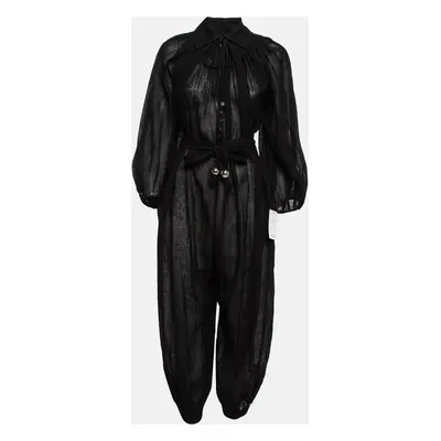 Lisa Marie Fernandez Black Organic Linen Belted Sheer Jumpsuit