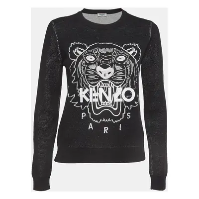 Kenzo Black Tiger Logo Embroidered Wool Blend Crew Neck Sweater