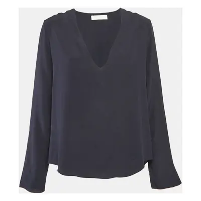 Chloe Navy Blue Silk V-Neck Full Sleeve Top